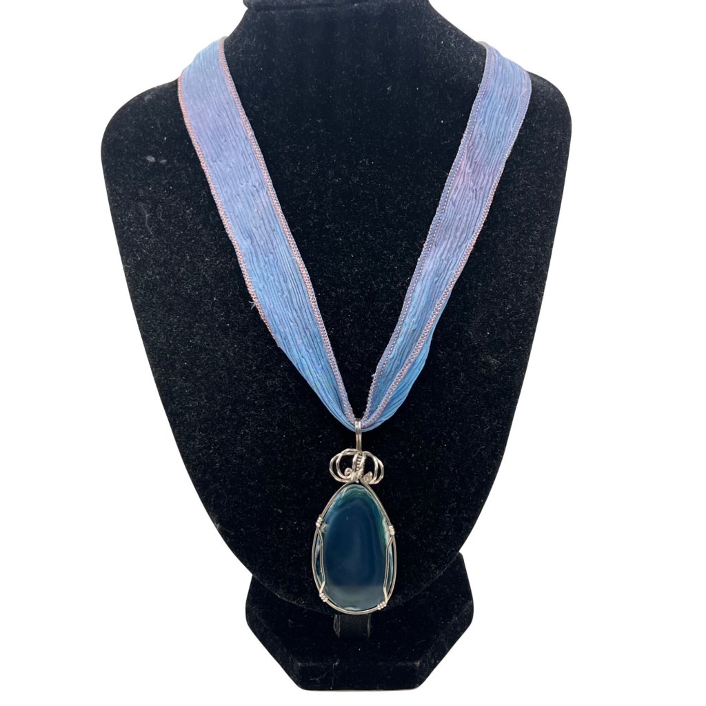 Sterling Silver Wire Wrapped Blue Agate Necklace Silk Ribbon 17+2" Boho Artisan